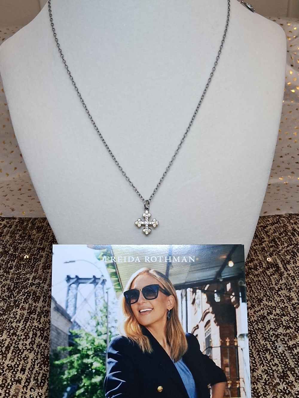 Freida Rothman Cross Necklace. Sterling Silver, 14kt Matte Gold, Black Rhodium